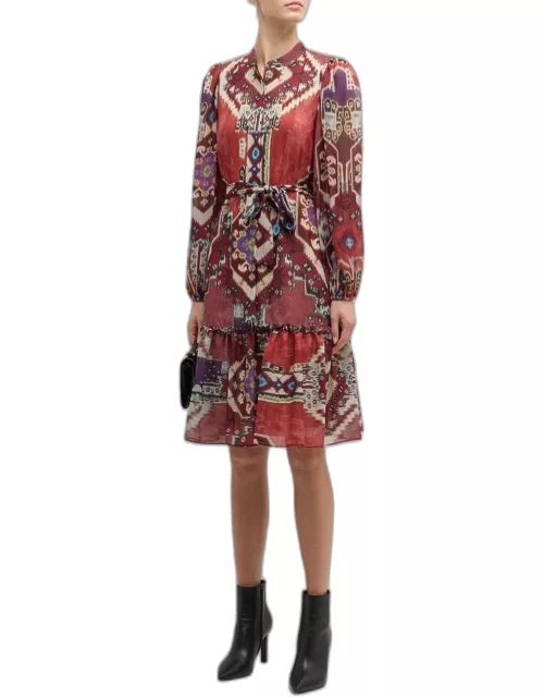 Candace Ikat-Print Belted Long-Sleeve Tiered Dres