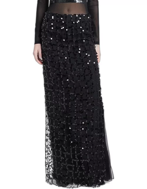 Sequin Check Embroidered Silk Maxi Skirt