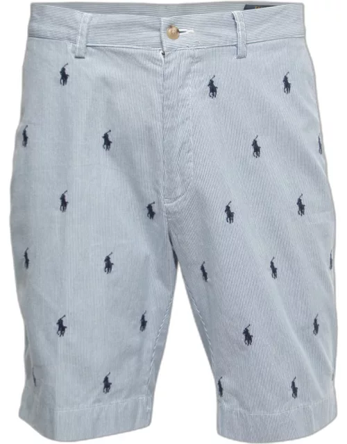 Polo Ralph Lauren Blue Pinstripe All-Over Motif Embroidered Cotton Shorts M Waist 33"