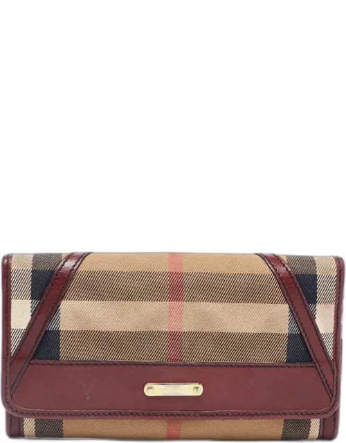 Burberry Burgundy/Cream House Check Canvas and Leather Flap Continental Wallet