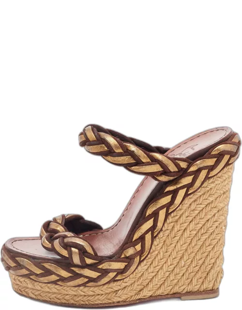 Christian Louboutin Brown/Gold Braided Leather and Suede Espadrille Wedge Sandal