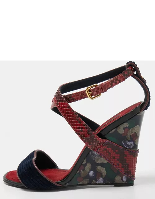 Louis Vuitton Dark Red/Navy Blue Snakeskin and Velvet Cross Ankle Strap Wedge Sandal