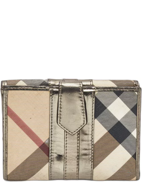 Burberry Metallic/Beige Housecheck PVC and Patent Leather French Wallet