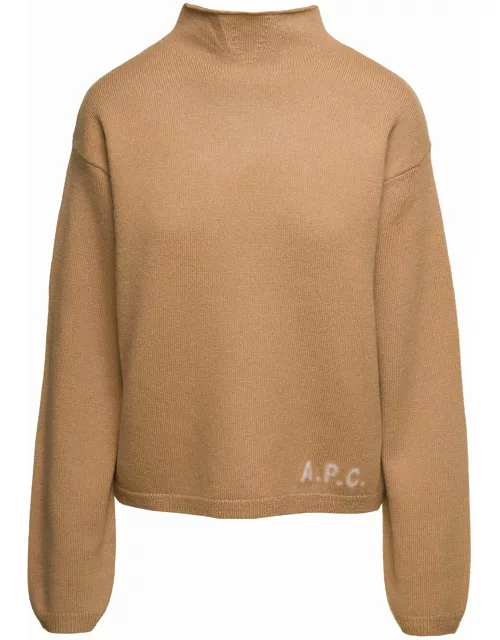 A.P.C. Beige Mock Neck Sweater With Embroidered Logo In Wool Woman