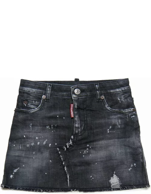 Dsquared2 D2g80f Skirt Dsquared Shaded Black Denim Skirt With Spots And Raw Cut Hemline