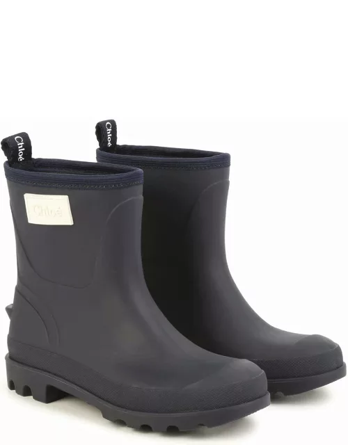 Chloé Navy Blue Rubber Ankle Boots With Logo Patch