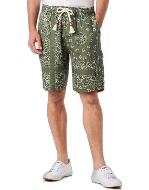 MC2 Saint Barth Man Linen Bermuda Shorts With Military Green Bandanna Print