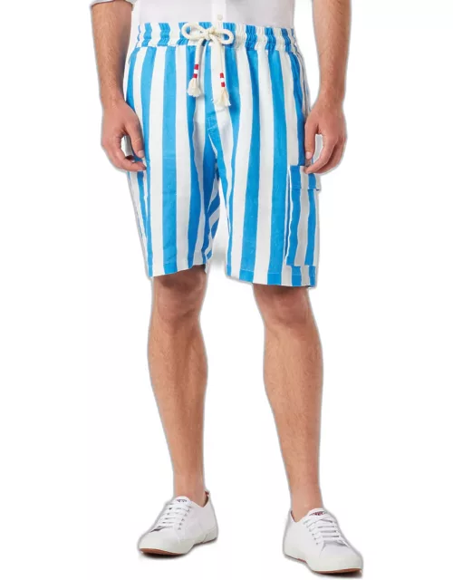 MC2 Saint Barth Man Linen Bermuda Shorts With White And Bluette Stripe