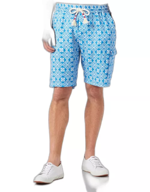 MC2 Saint Barth Man Linen Bermuda Shorts With White And Light Blue Majolica Print