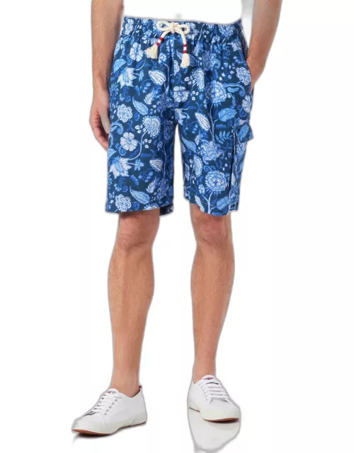 MC2 Saint Barth Man Linen Blue Bermuda Shorts With Flower Print