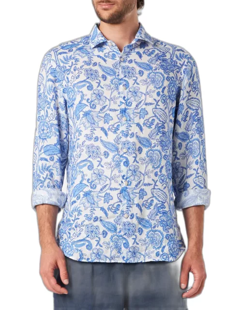 MC2 Saint Barth Man Linen Pamplona Shirt With Flower Print