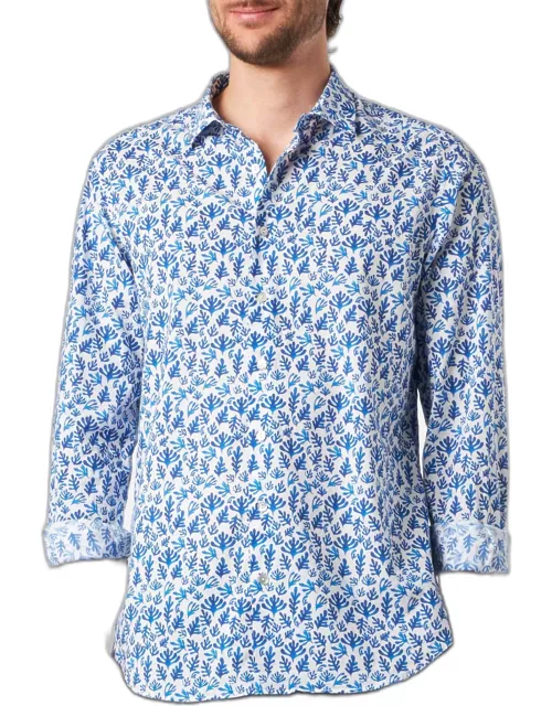 MC2 Saint Barth Man Muslin Cotton Sikelia Shirt With Blue Leaves Print