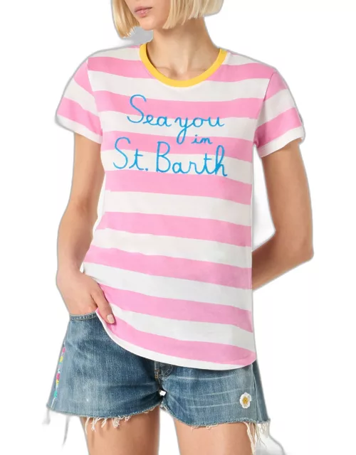 MC2 Saint Barth Woman Cotton T-shirt With Sea You In St. Barth Embroidery