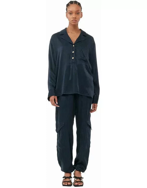 GANNI Blue Washed Satin Trousers in Navy