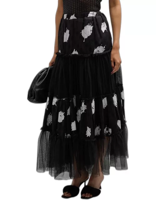 Ayope Splotched-Print Tiered Tulle Maxi Skirt
