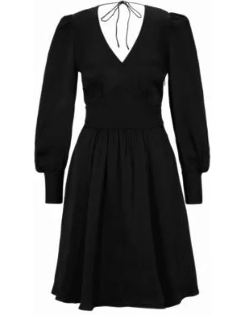 Long-sleeved dress in hammered satin with V neckline- Black Women's Day Dresse
