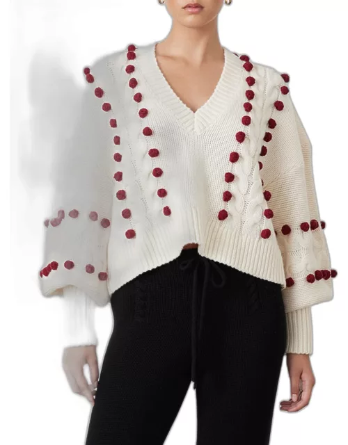 Elsa Cable-Knit Blouson-Sleeve Pompom Sweater