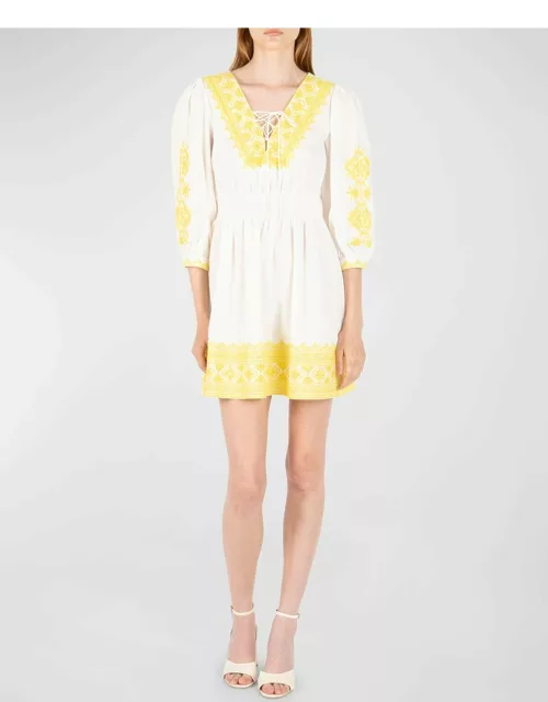 Gina Embroidered Linen Front-Tie Mini Dres