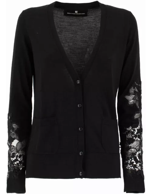 Ermanno Scervino Black Cardigan With Floral Lace On The Sleeve