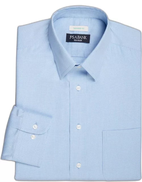 JoS. A. Bank Men's Traveler Collection Tailored Fit Mini Houndstooth Dress Shirt, Light Blue, 17 1/2 34