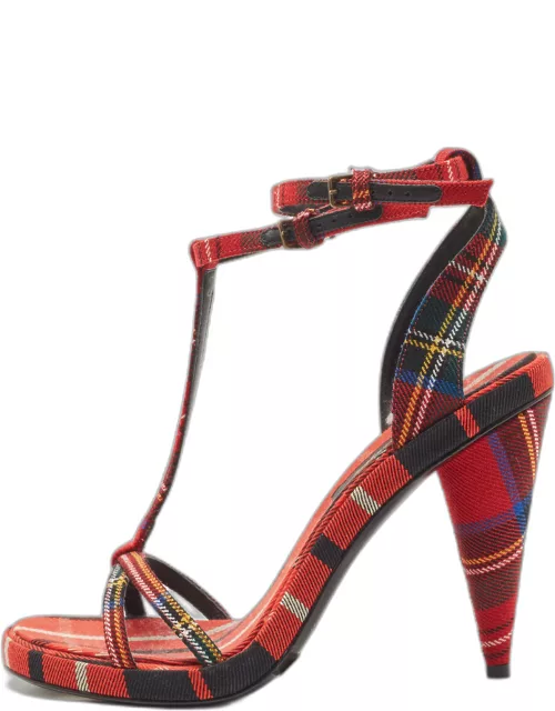 Burberry Red Checkered Canvas Hans T Strap Sandal