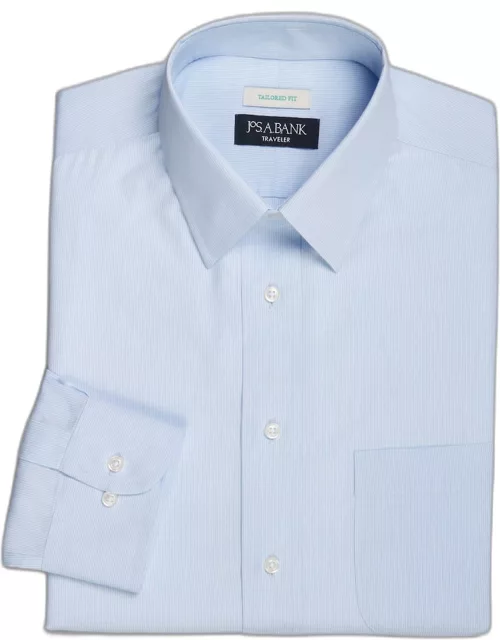 JoS. A. Bank Men's Traveler Collection Tailored Fit Fine Stripe Dress Shirt, Light Blue, 16 32