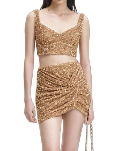 Gold Sequin Twisted Mini Skirt