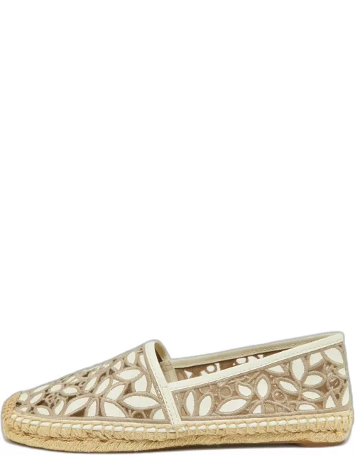 Tory Burch White/Grey Embroidered Leather Rhea Espadrille Flat