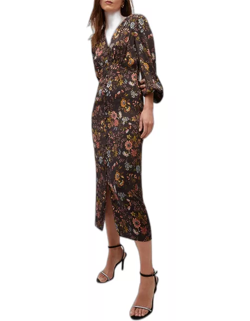 Terina Floral Long-Sleeve Button-Front Midi Dres