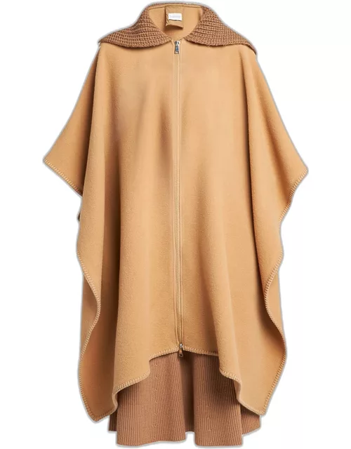 Wool Long Cape with Knit Collar