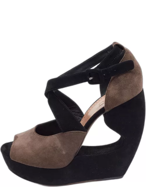 Alaia Brown and Black Suede Wedge Platform Ankle Strap Sandal