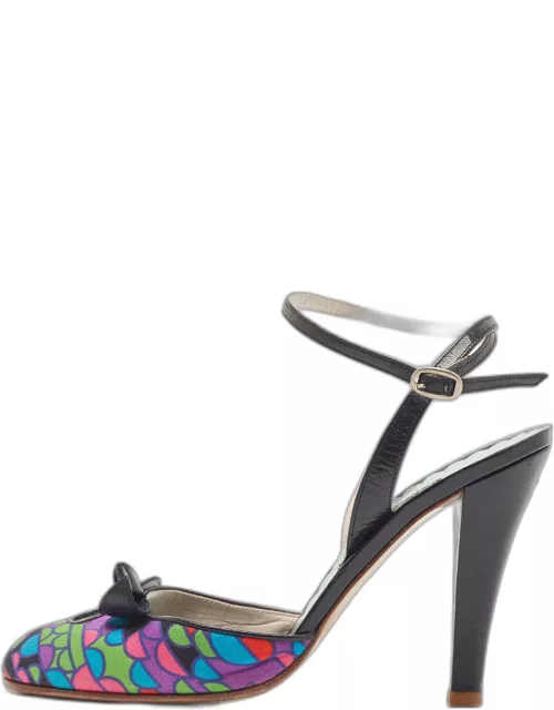 Marc Jacobs Multicolor Printed Satin and Leather Ankle Strap sandal