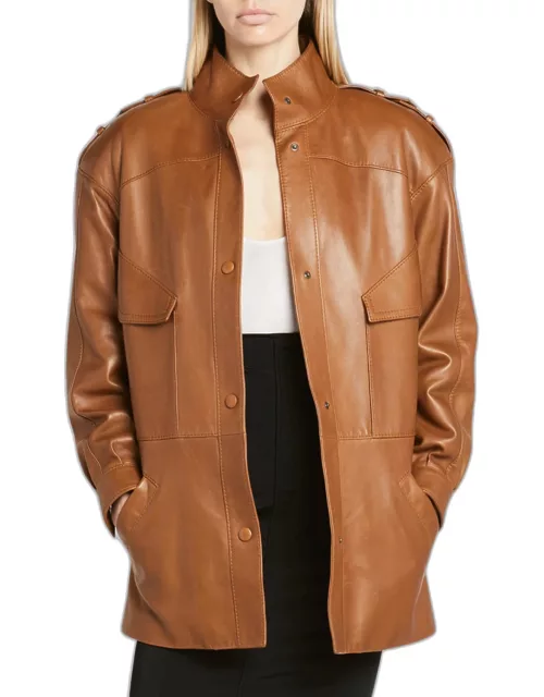 Belted Strong-Shoulder Leather Parka Jacket