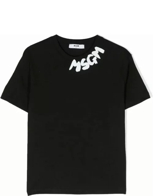 MSGM Black T-shirt With Brushed Logo On Neck