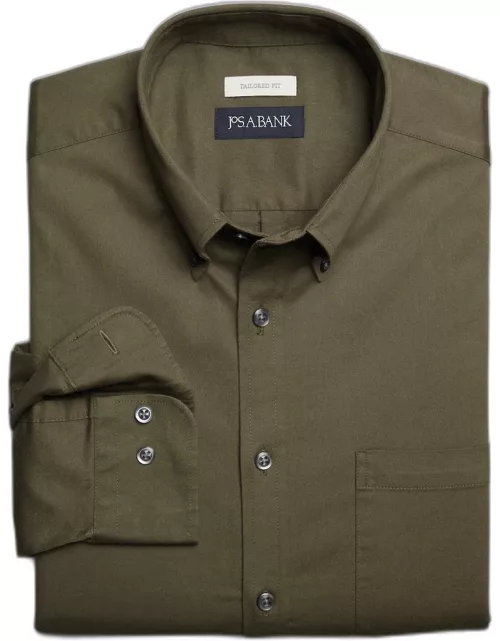 JoS. A. Bank Men's Comfort Stretch Tailored Fit Twill Casual Shirt, Olive, Smal