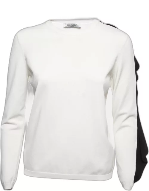 Valentino White Knit Contrast Frill Detail Sleeve Top