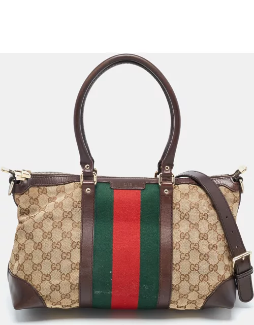 Gucci Brown/Beige GG Canvas and Leather Web Zip Bag