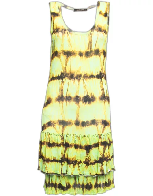 Roberto Cavalli Neon Green/Yellow Abstract Print Jersey Frilled Sleeveless Short Dress
