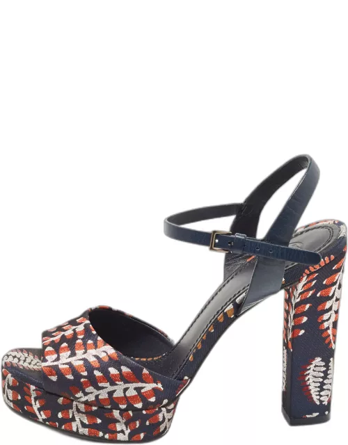 Tory Burch Navy Blue/Red Brocade Fabric Ankle Strap Sandal
