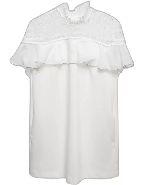 Self-Portrait White Knit Ruffled Sleeveless Mini Dress