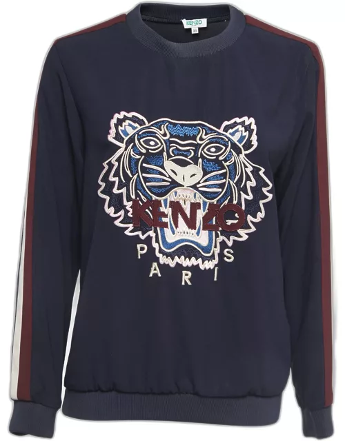 Kenzo Navy Blue Logo Embroidered Crepe Crew Neck Sweatshirt