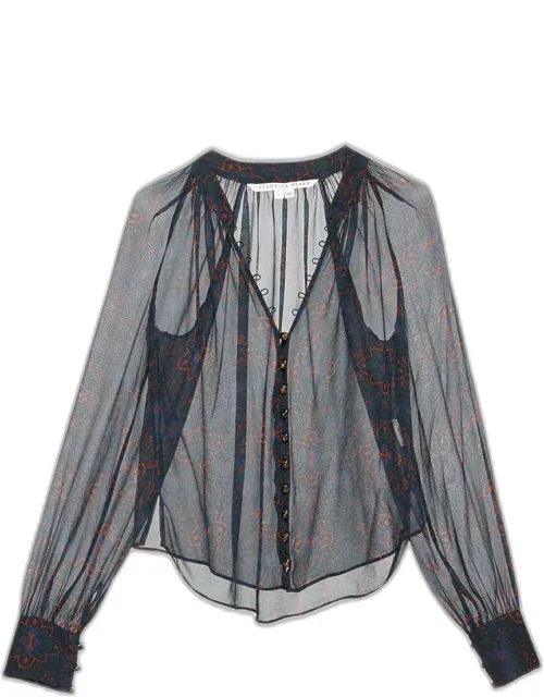 Marion Printed Sheer-Silk Button-Front Top