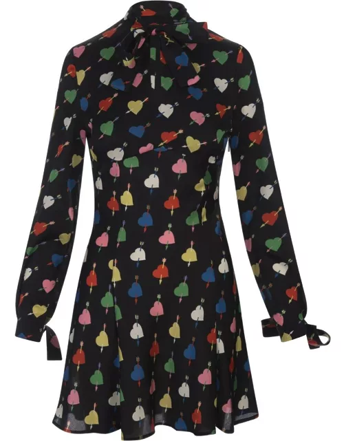 MSGM Black Mini Dress With arrowed Heart Print Motif
