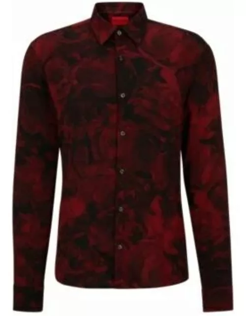 Slim-fit shirt in rose-print canvas- Dark Red Men's Shirt