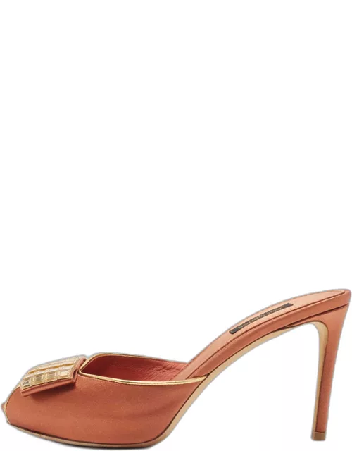 Louis Vuitton Brown Satin Embellished Peep Toe Slide Sandal