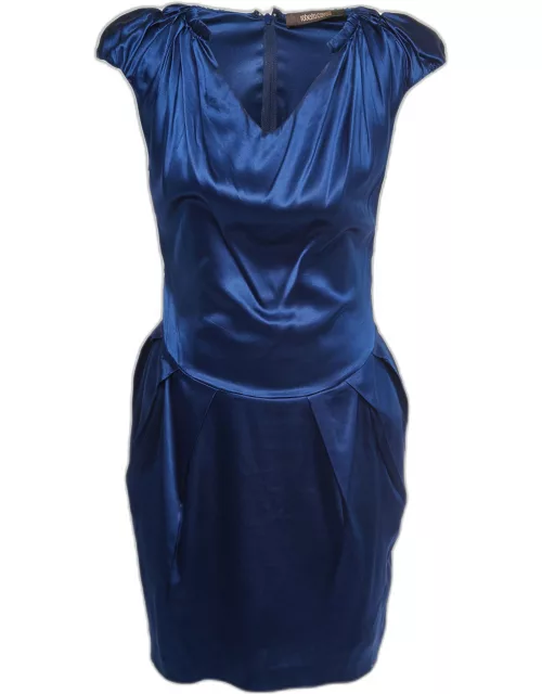 Roberto Cavalli Blue Satin Silk V Neck Pleated Short Dress