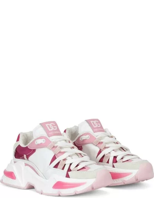 Dolce & Gabbana Sneakers Bianche E Rosa In Vitello Con Inserti In Tnt Bambina