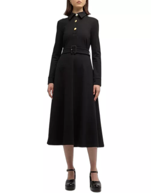 Belted Long-Sleeve Midi Polo Shirtdres