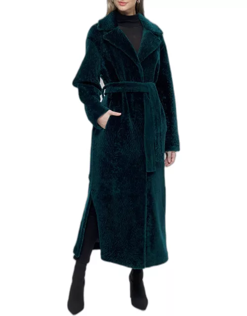 Reversible Shearling Lamb Belted Long Coat With Side Slit