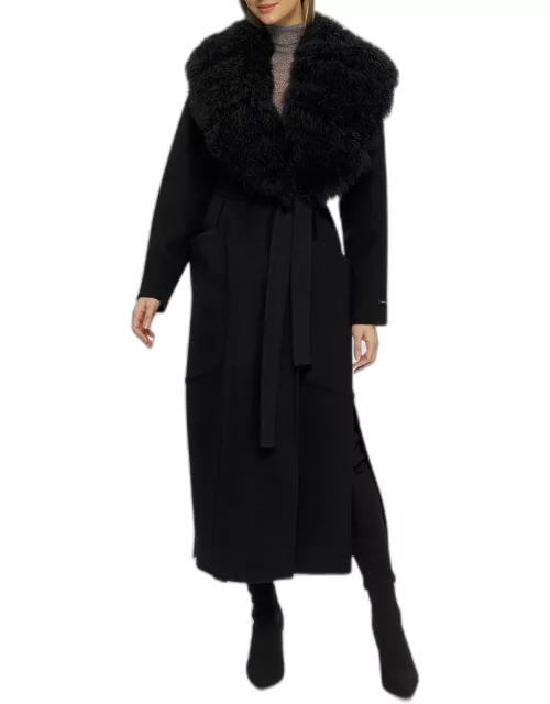 Wool-Cashmere Long Coat with Detachable Cashmere Goat Fur Collar